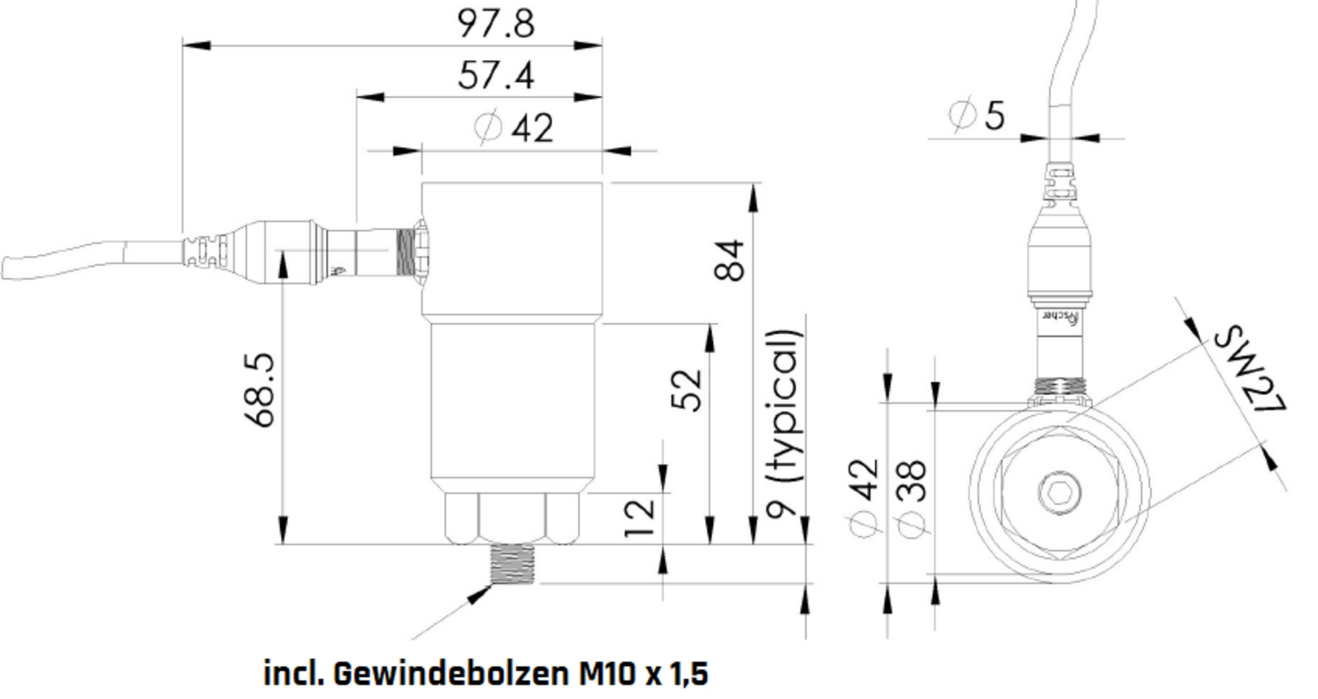Zeichnung LVS elektrodynamischer Schwinggeschwindigkeitssensor mit Steckanschluss