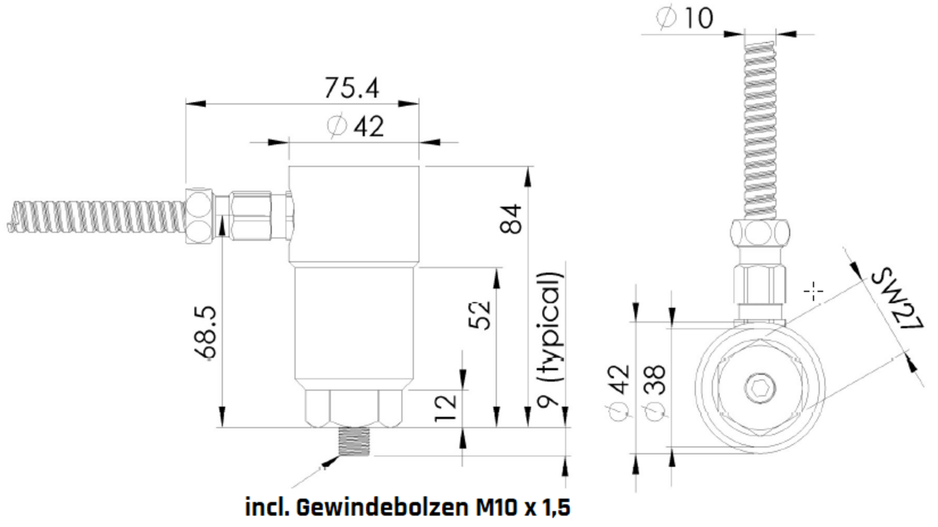 Zeichnung LVS elektrodynamischer Schwinggeschwindigkeitsensor mit fest eingegossenem Kabelanschluss